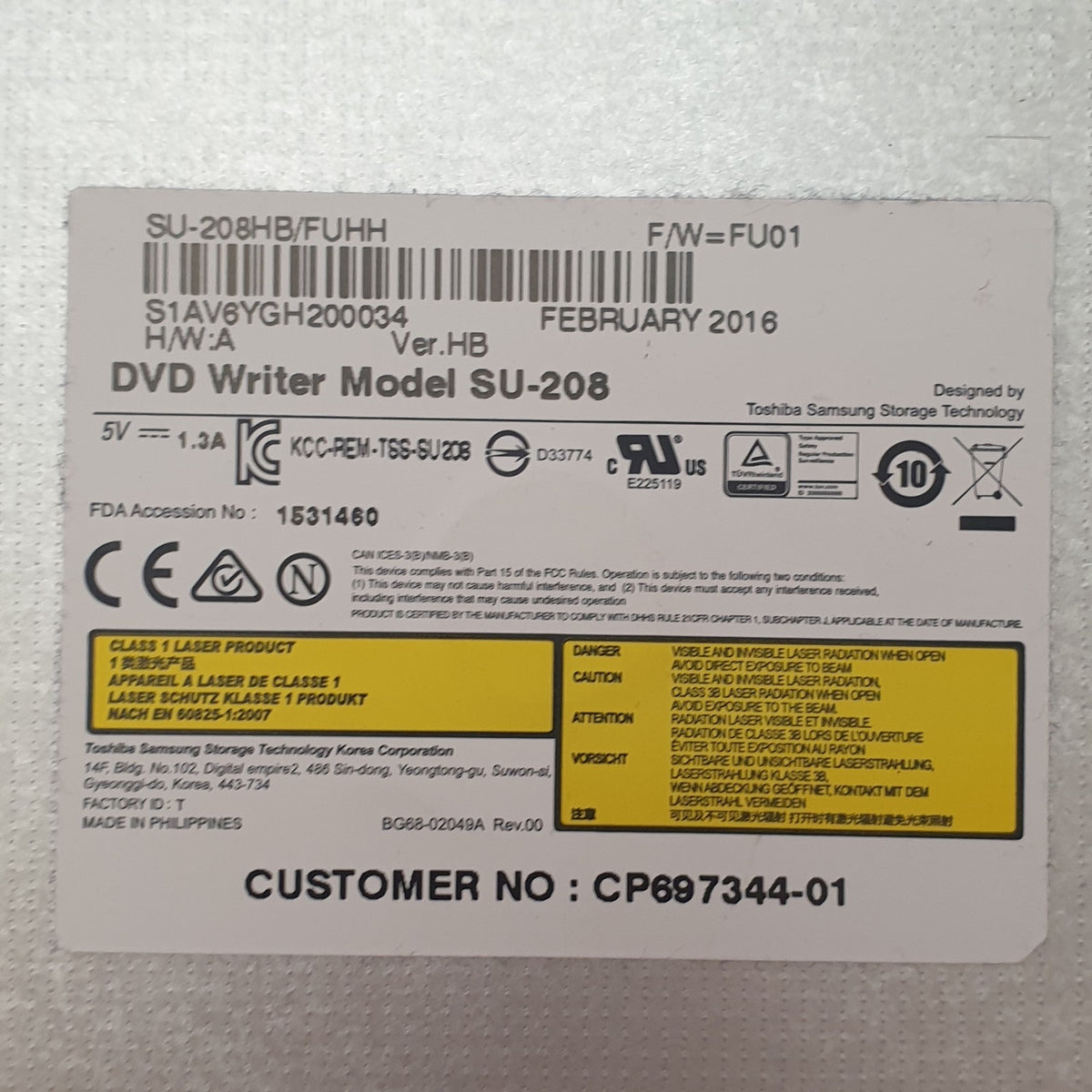 Fujitsu LifeBook A556 DVD Brenner Laufwerk CD DVD Writer Optisches Laufwerk