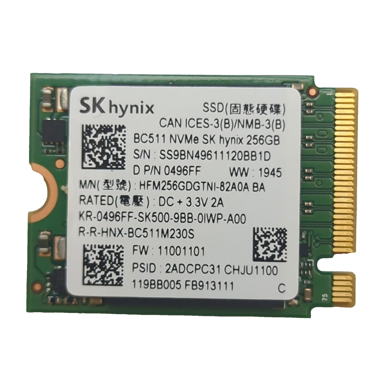 SK hynix BC511 256GB NVMe M.2 SSD 2230 PCIe internes Solid State Drive