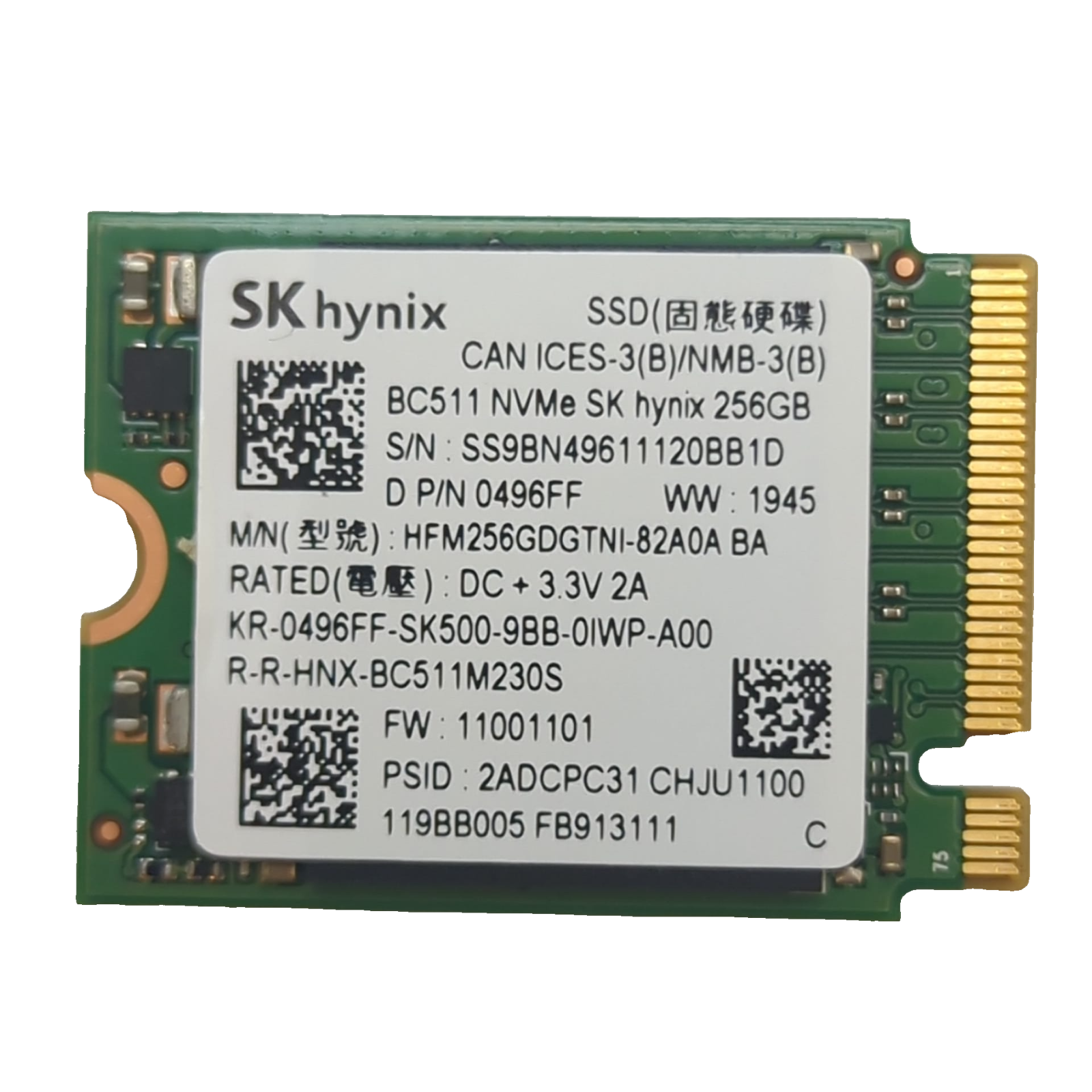 SK hynix BC511 256GB NVMe M.2 SSD 2230 PCIe internes Solid State Drive